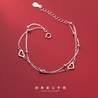real 925 sterling silver double layered love heart chain bracelets beads bracelet fine jewelry for women