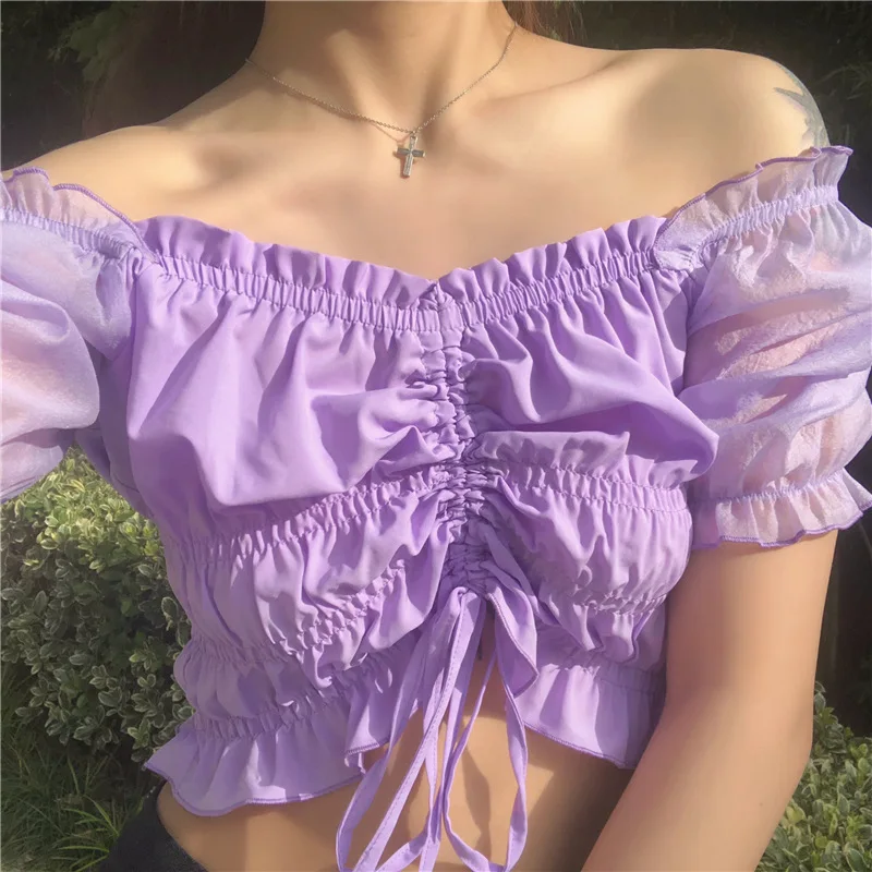 

Women 2020 Fashion Pleated Ruffled Cropped Blouses Vintage Puff Sleeve Drawstring Tied Female Solid Shirts Blusas Chic Tops New
