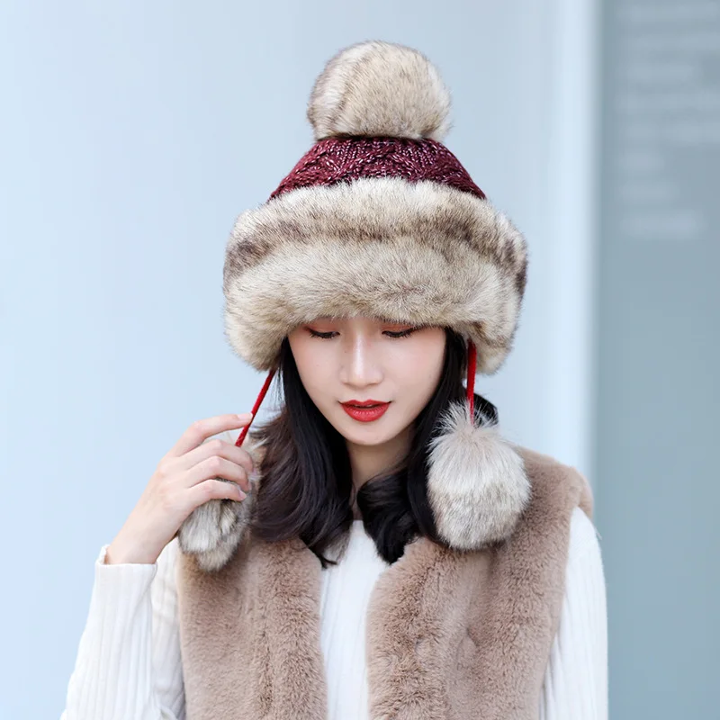 

New Winter Hat Women Faux Fur Bomber Hat Caps Outdoor Knitted Cap For Female Windproof Earmuff Ski Cap