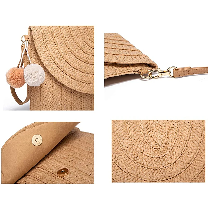 

Women's Straw Shoulder Clutch Bags Hand-woven PomPom Straw Crossbody Bag Summer Beach Envelope Purse Wallet