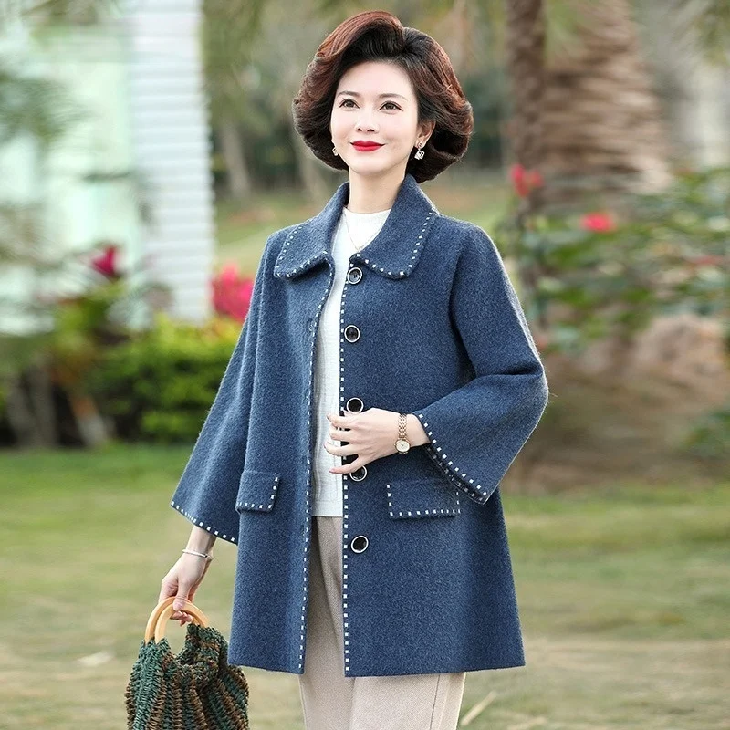 

Middle-aged Women Wool Blend Warm Mid Long Coat Autumn Winter Plus Size Female Loose Fit Lapel Woolen Overcoat Outerwear L726