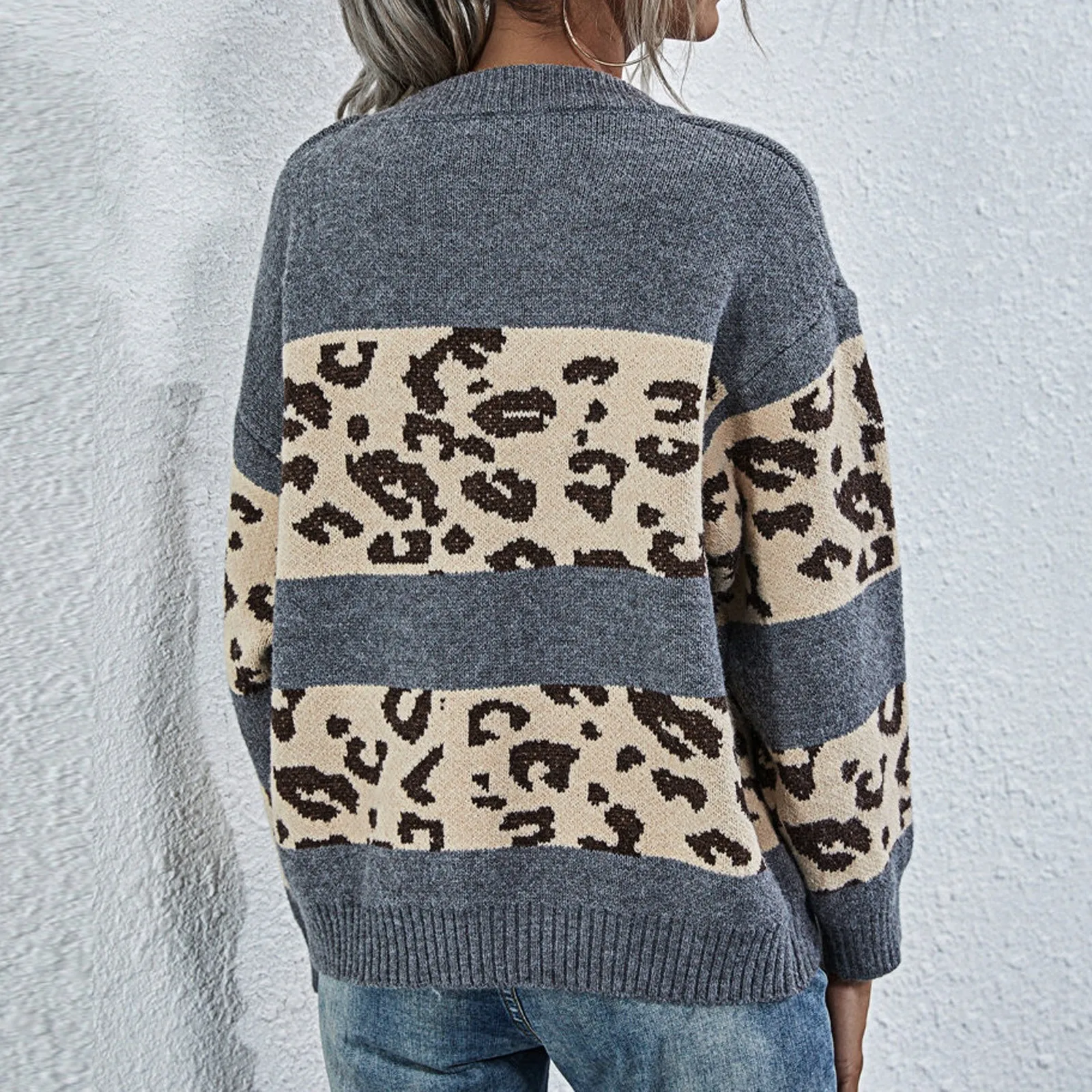 

2020 Autumn Winter Women O-Beck Loose Leopard Print Stitching Long-Sleeved Knitted Sweater Kobieta Swetry PT2563