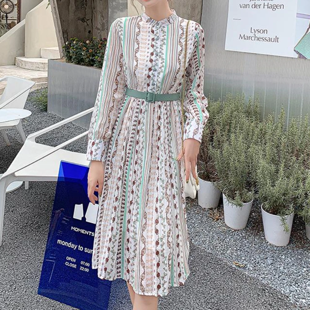 

Spring Autumn Single-Breasted Chiffon Striped Printed Shirt Dress Belt Long Sleeve Midi Casual Vestidos Women Fashion Outerwear