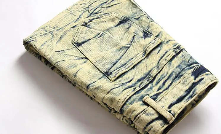 High Street Fashion Men Hole Stacked Jeans Motorcycle Pant Ripped Tights Jeans Men Tie dye Denim Pants