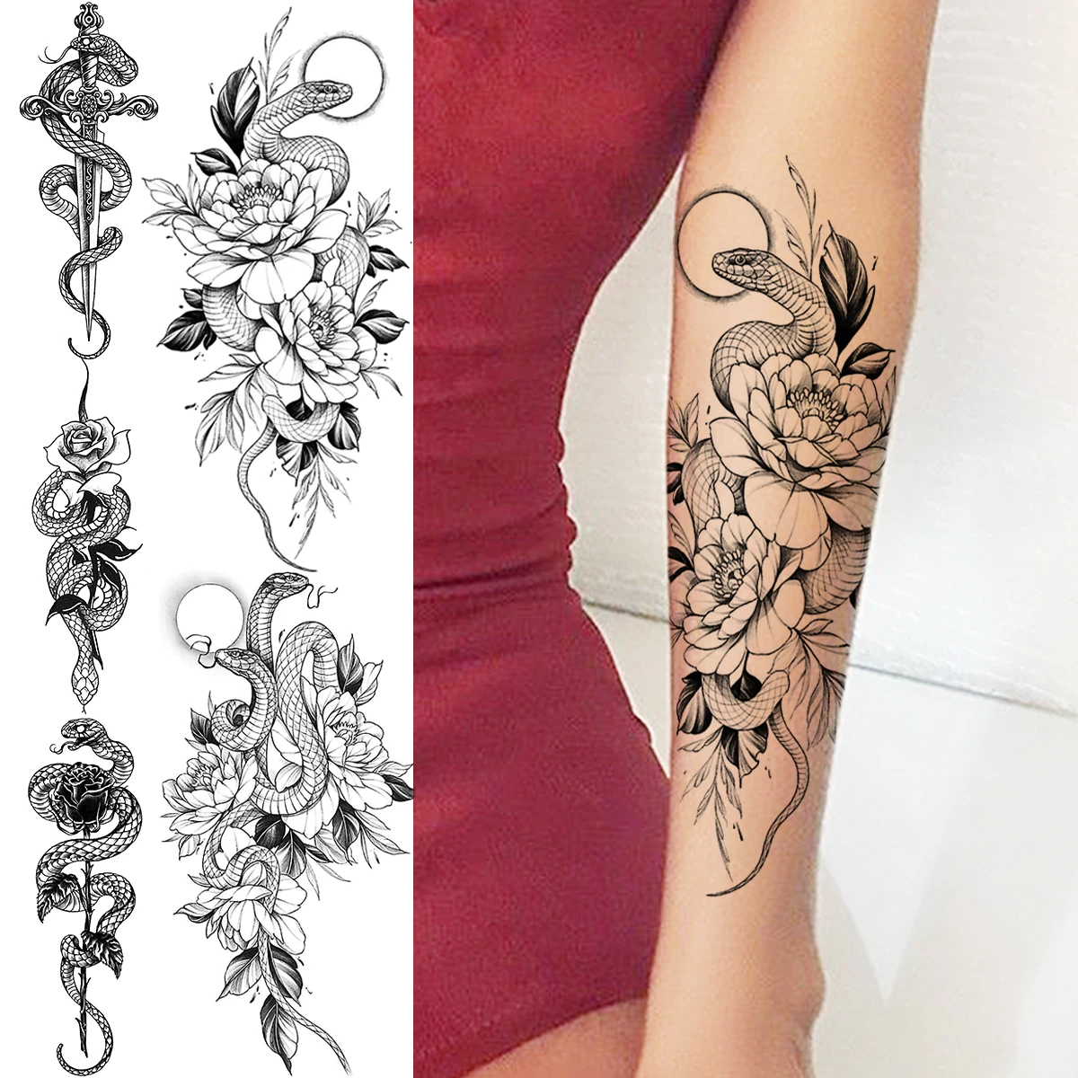 

Реалистичные временные татуировки в виде Розы, цветка, змеи для женщин, искусственная татуировка в виде змеи для взрослых, боди-арт, полурук...