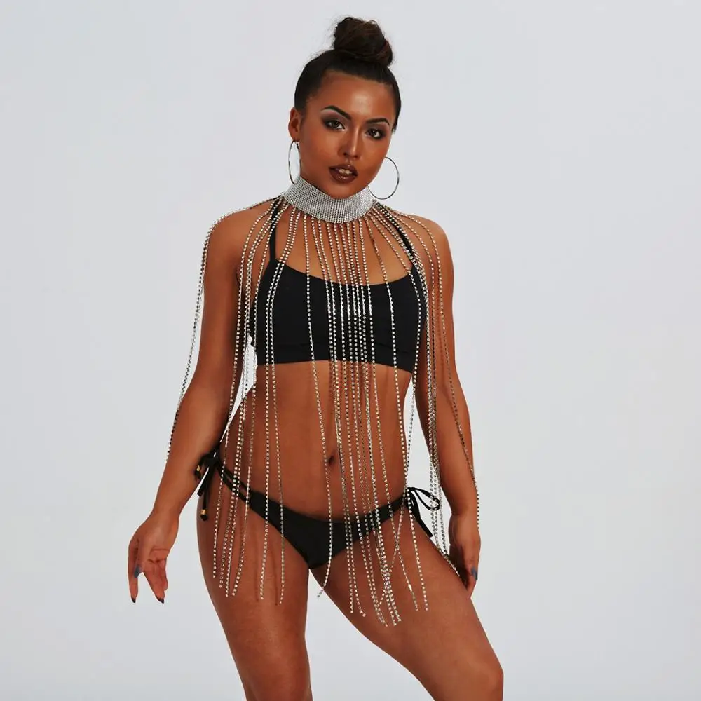 Ожерелье женское длинное блестящее с кисточками и лямкой на шее |