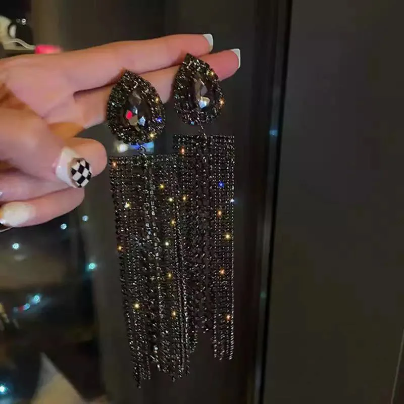 

Black Vintage Water Drop Inlaid Diamond Long Tassel Earrings For Women Korean Fashion Earring Birthday Party Daily Jewelry Gifts