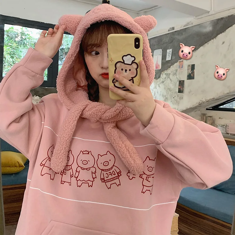 Autumn Winter Women Pig Ear Fleece Scarf Hooded Sweatshirt Plus Velvet Thicken Hoodies Sweet Girls Cartoon Print Kawaii Tops