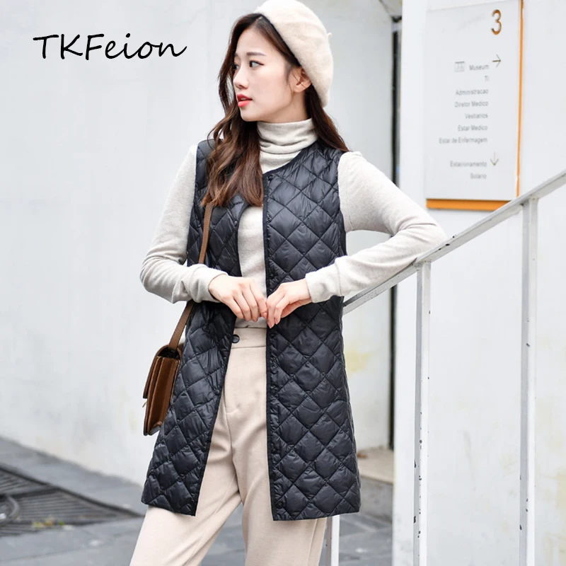 

Women Duck Down Vest Light Thin 2019 Spring Autumn Winter Female Warm Waistcoat Medium Long O-neck Slim Style Female Casual Coat