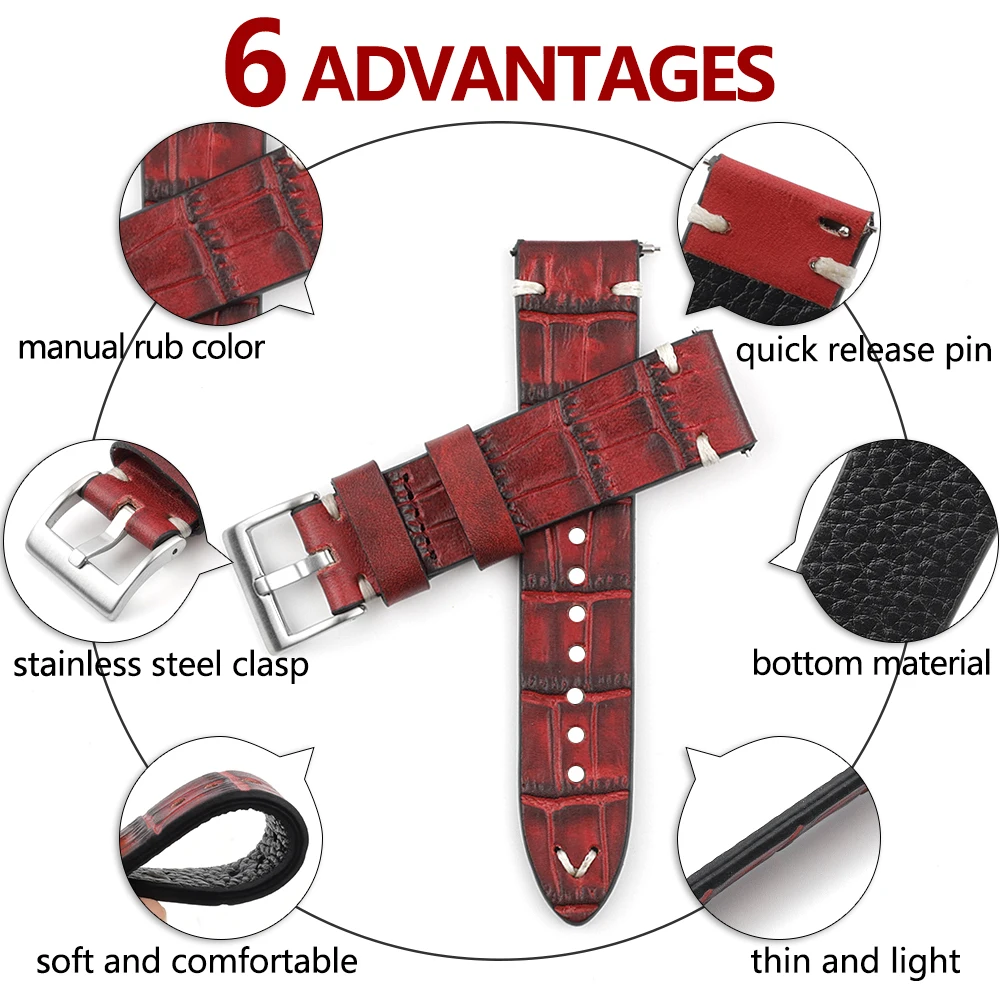 Genuine Leather Watchband 18mm 20mm 22mm 24mm Vintage Personality Crocodile Texture Watch Strap Bracelet for Women Men
