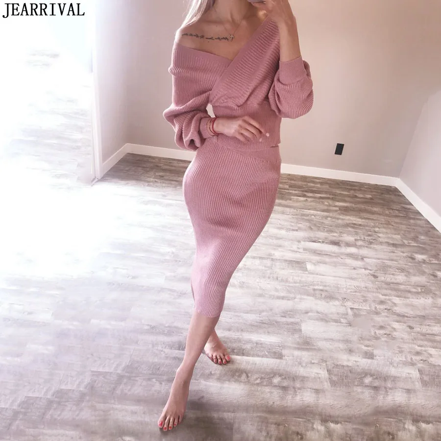 Осенне зимняя трикотажная Женский комплект 2 шт. свитер с v образным вырезом и