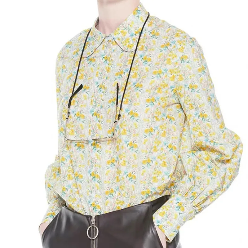 

Fresh Women Floral Shirt Cotton Peter Pan Collar Long Sleeve Casual Blouse Tops With Buttons