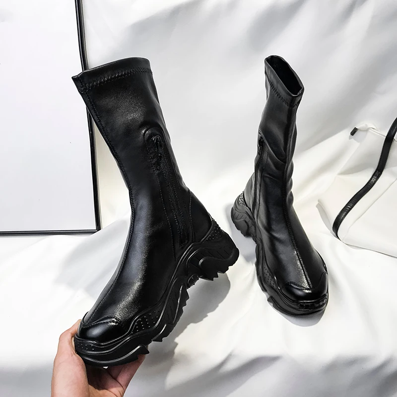 С волнообразным краем Zapatos De Mujer 2019 зимние Черная женская обувь модные сапоги