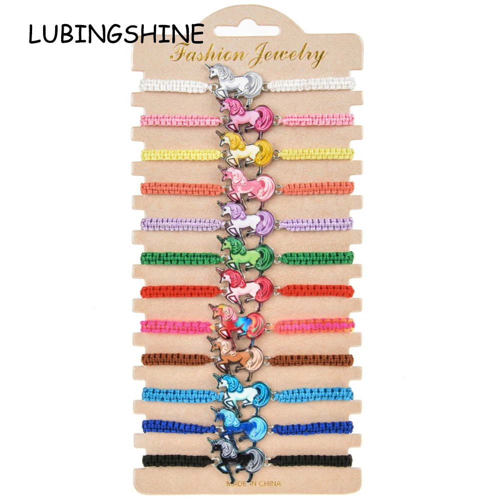 12 шт./компл. эмаль Единорог шармы браслет для женщин Девушка регулируемый