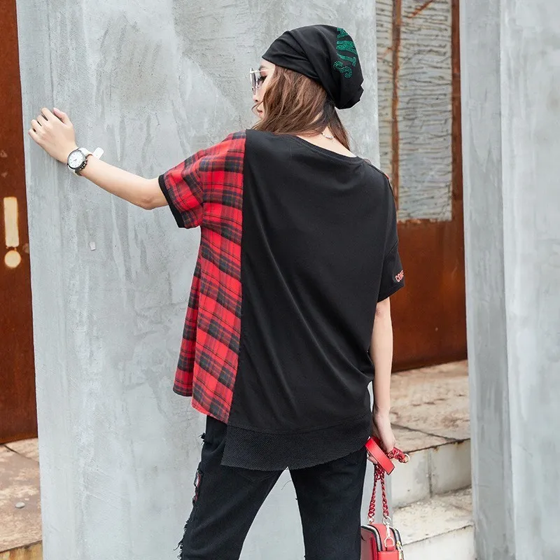 Летняя Свободная Женская Лоскутная футболка клетчатые повседневные топы с