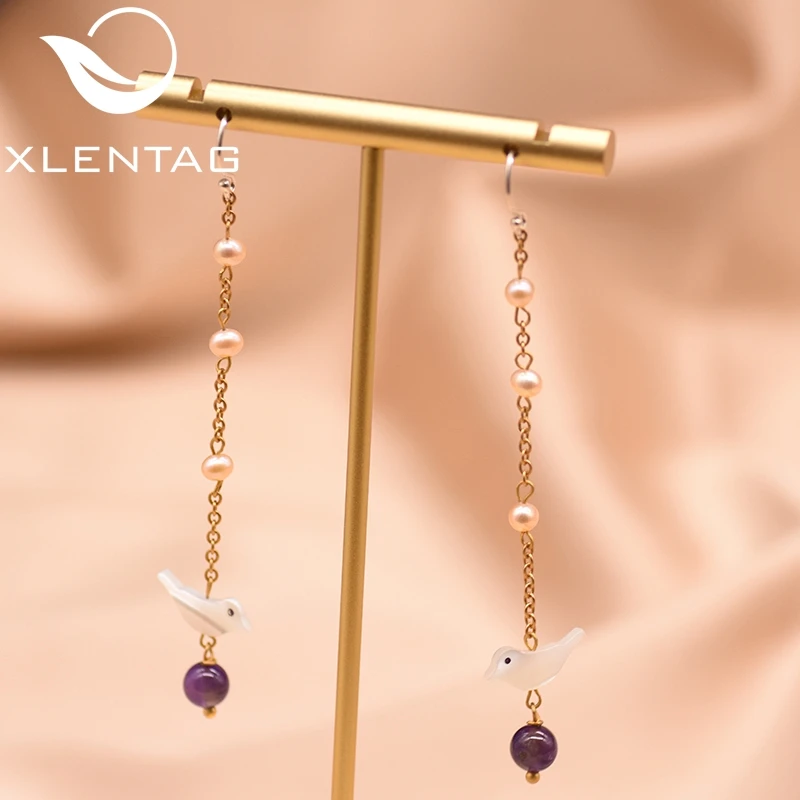 Женские длинные висячие серьги XlentAg с натуральным жемчугом и птицами для девочек