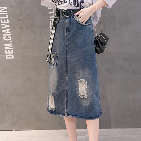 

Джинсовая юбка для женщин на весну и осень, новинка 2021, трапециевидная юбка средней длины в Корейском стиле, юбка с высокой талией и разрезом...