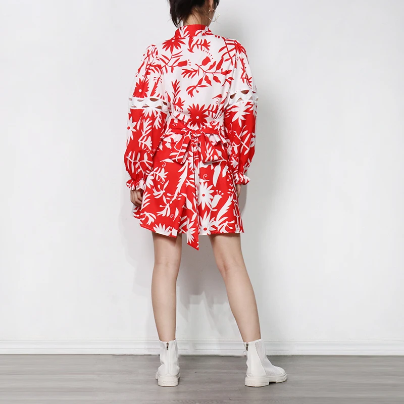 

Vintage Hollow Out Set For Women Lapel Puff Sleeve Shirt Mini High Waist Skirt Female Red Sets Fashion New Summer