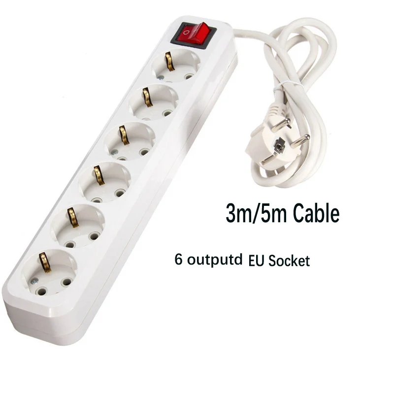 2 Round Pin EU RUS Plug Power Strip Switch 5 M Extension Cord Cable 6 Outlets No USB Electrical With Voltage Protector Socket