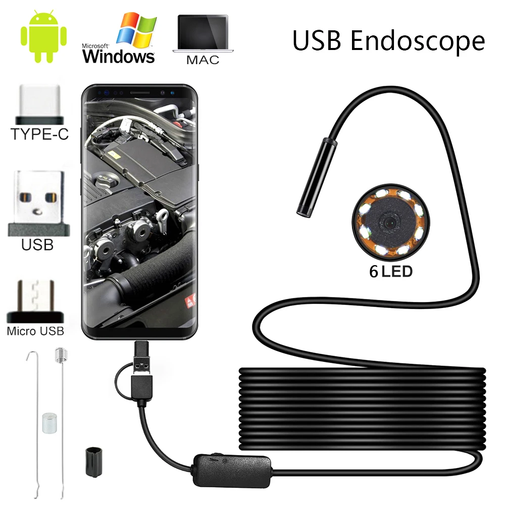 

1M-10M 5.5mm Endoscope Camera Borescope with 6LEDs Hard Wire Flexible IP67 Waterproof USB Micro Inspection Camera for Android PC