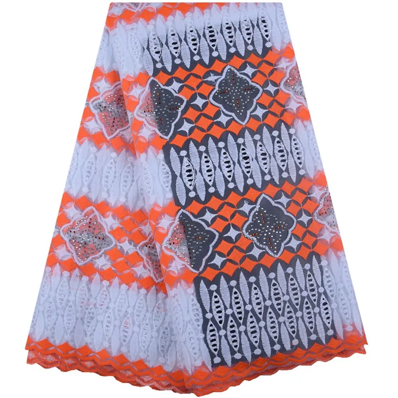 

White with orange High Quality Lace Fabric Free Shipping African Tulle Fabric with stone sewing for wedding dress