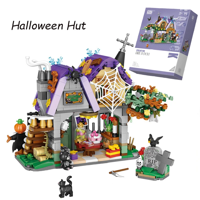 LOZ New MINI Halloween Hut House Bricks MOC 839pcs Pumpkin Car With Figure Dolls Model Building Block Assembly Kids Toys Gifts