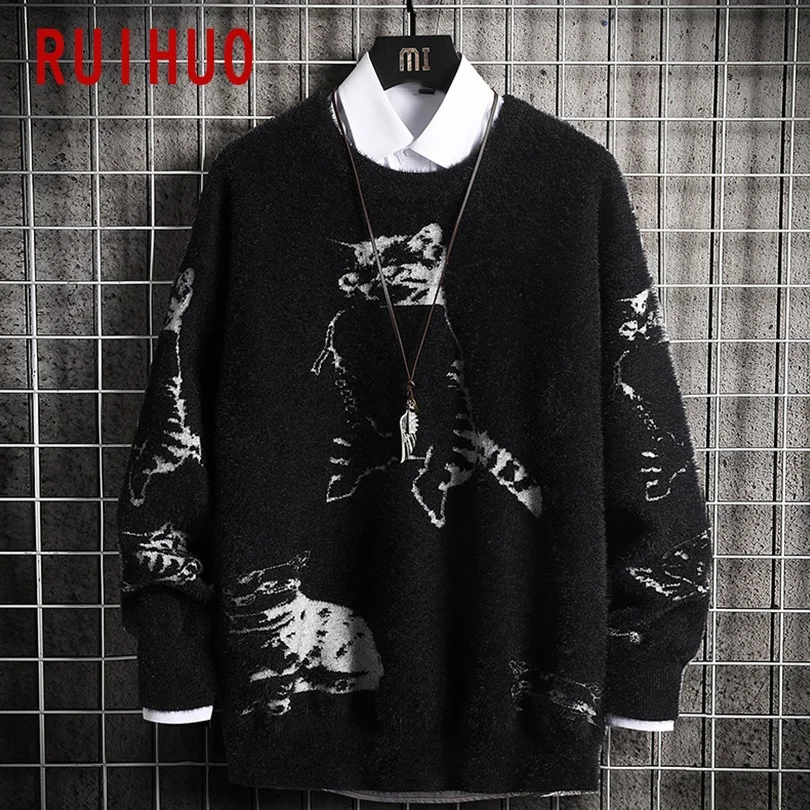 RUIHUO Cat мужской свитер вязаный Топ пуловер мужская одежда мужские свитера 2021 Новое