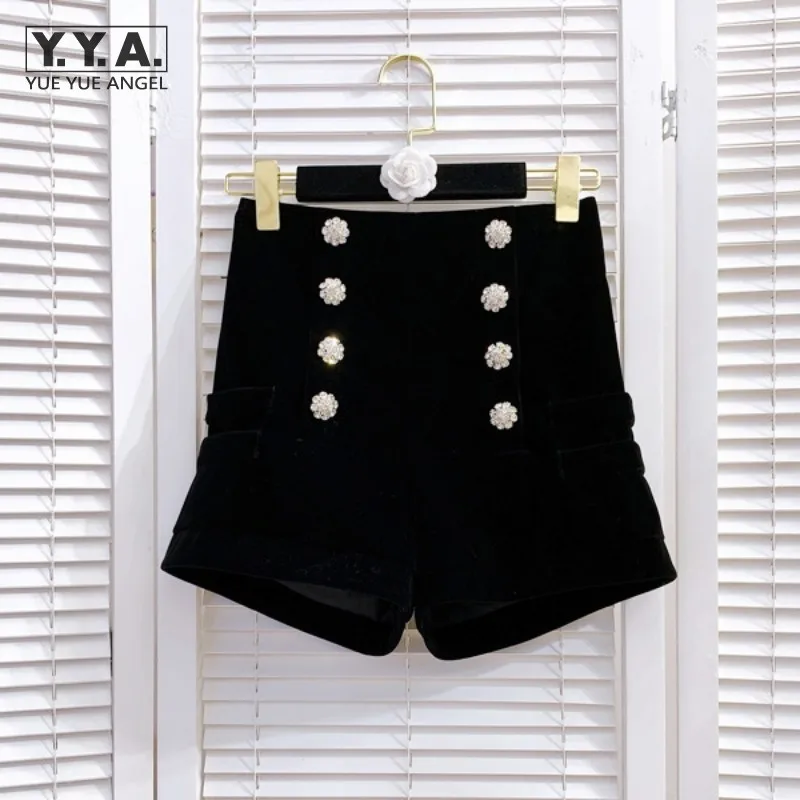 

Fashion High Waist Velvet Shorts Women Zipper Diamond Double Breasted Office Lady Wide Leg Shorts Elegant Casual Mini Trousers