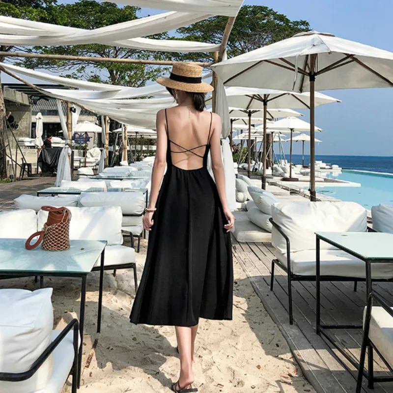 

Casual Boho Dress Women Summer Spaghetti Strap Beach Style Dress Sexy Solid V Neck Female Holiday Backless Midi Dresses Vestidos