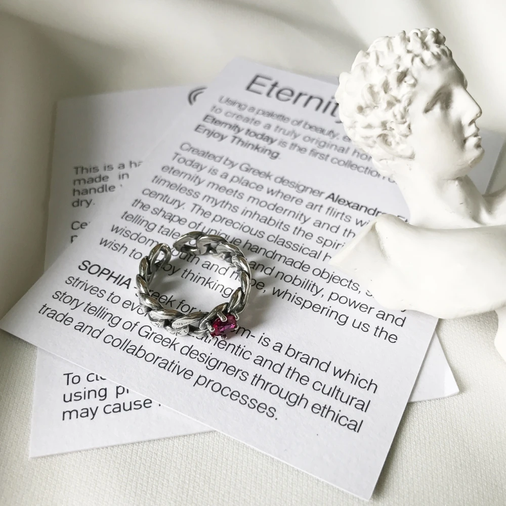 Minimalist Vintage 925 Sterling Silver Retro Curb Chain Solitaire Ruby Diamond Engagement Rings Girls Black Agate Open Ring | Украшения и