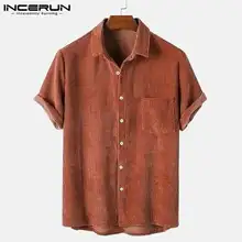 Summer Solid Color Men Shirt Corduroy Lapel Short Sleeve Button Streetwear Casual Men Clothing 2021 Pockets Camisa S-3XL INCERUN