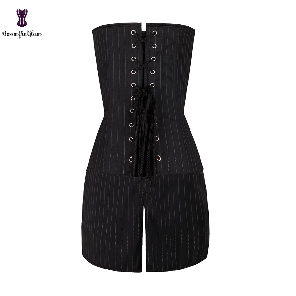 Черное платье-корсет в горошек офисный женский костюм на шнуровке бюстье