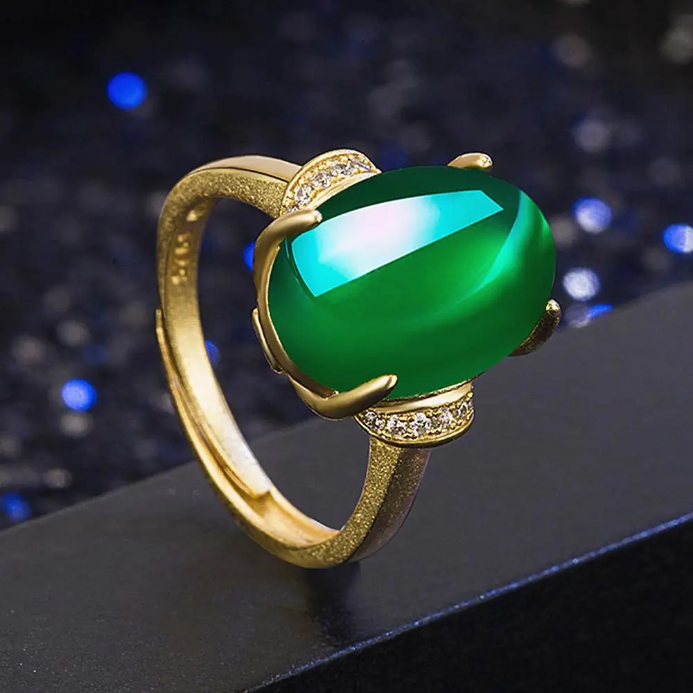 

Vintage fashion green jade agate emerald gemstones rings for women 14k gold color jewelry bijoux accessory party gifts bague