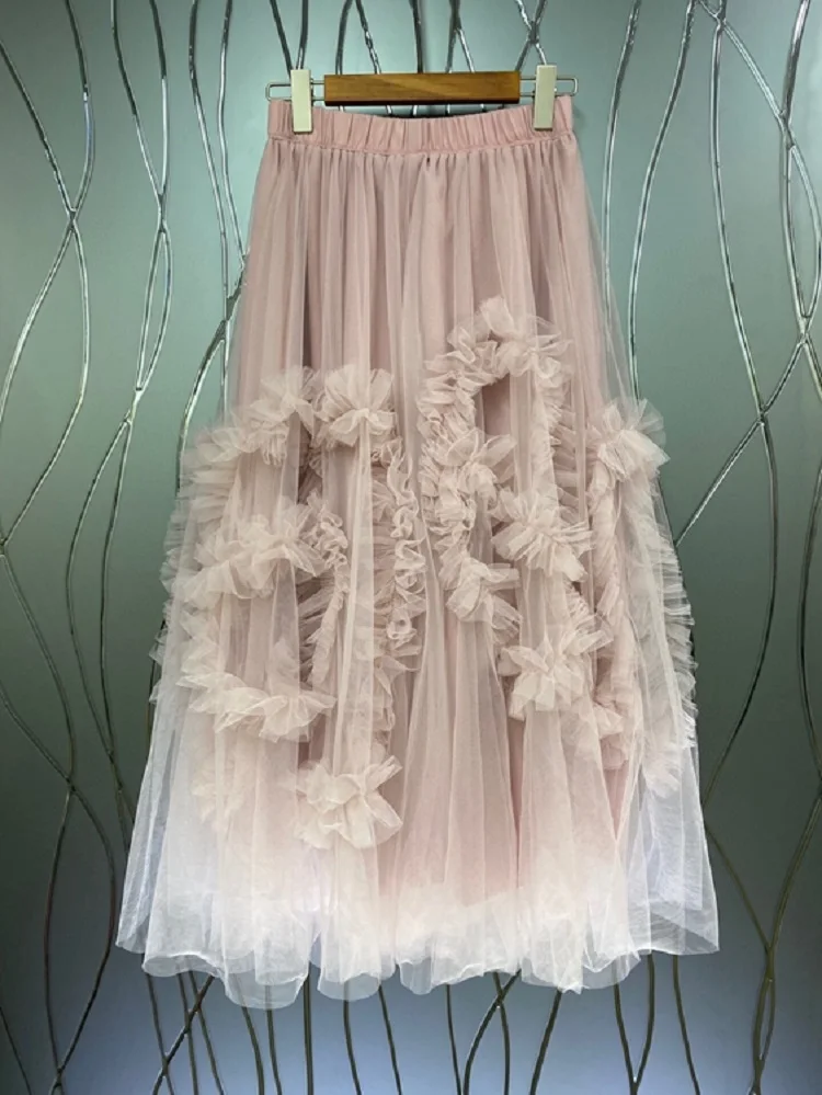

100%Cotton Women's Skirt 2021 Spring Summer Ladies Sweetheart Patterns Sexy Tulle Mesh Patchwork Casual Maxi Gown Skirt Pink