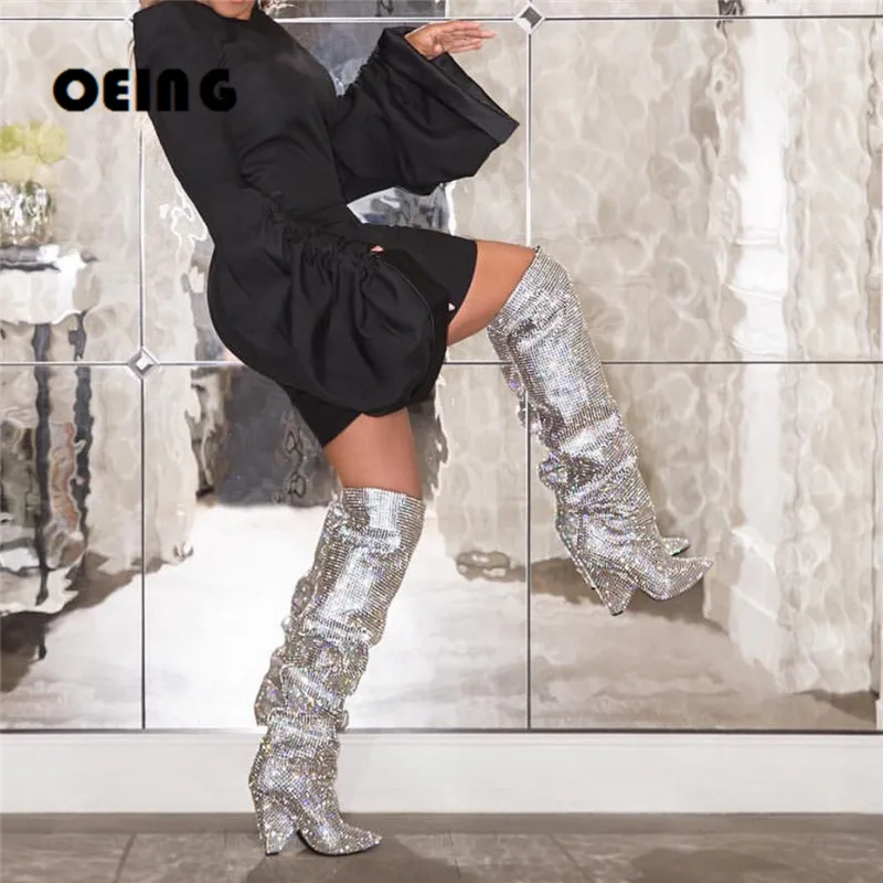 

Женские осенне-зимние сапоги Стразы до колена на каблуке-шпильке без застежек украшенные кристаллами замшевые сапоги с острым носком женская обувь для вечеринки