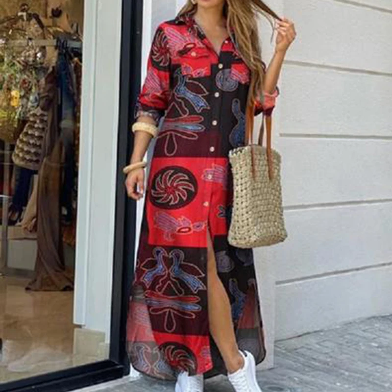 

Plaid Print Long Shirt Dress Autumn Women Long Sleeve Ankle-length Dresses Laides Turn-down Collar Office Dresses Loose Sundress