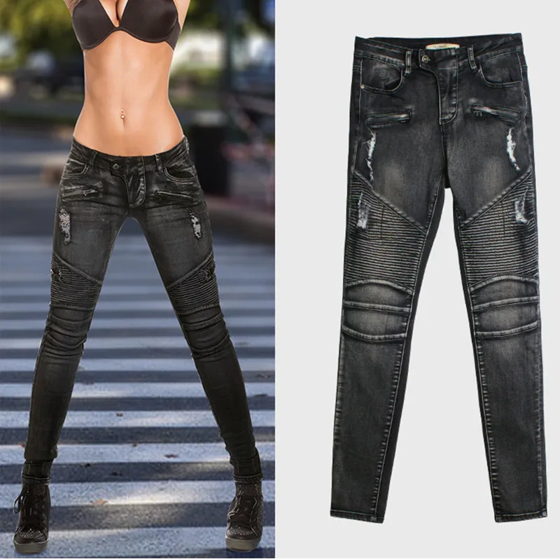 Новое поступление 2020 черные мотоциклетные байкерские джинсы с молнией женские