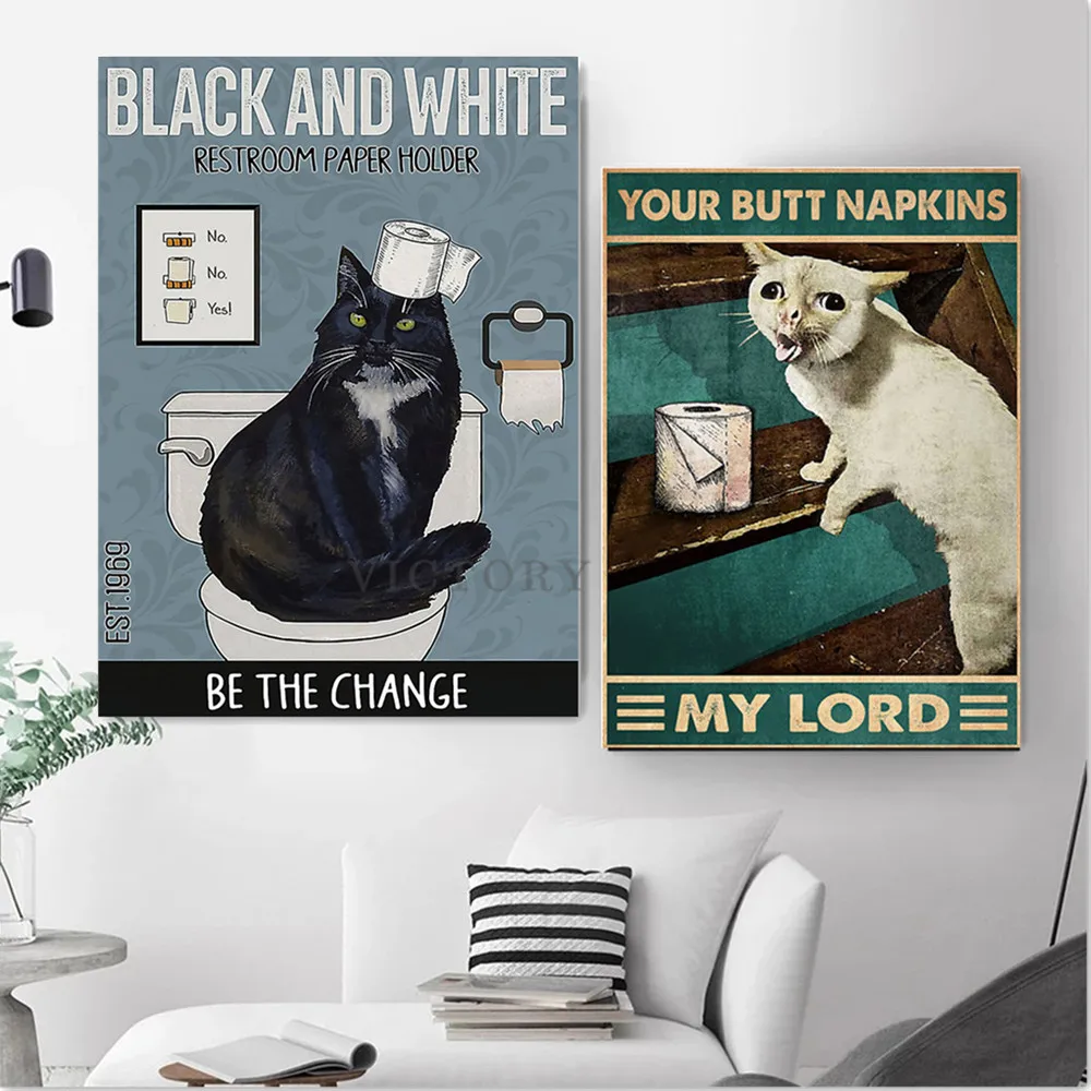 

Funny Cat Poster Retro Bathroom Toilet Wall Pictures My Lord Black and White Restroom Paper Holder Canvas Painting Home Decor