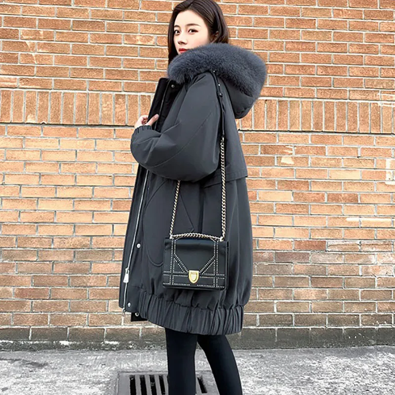 

Black Down Jacket Women Long White Duck Down Outerwear Winter Warm Jackets Abrigo Mujer Hooded Fur collar Casual Parka Overcoat