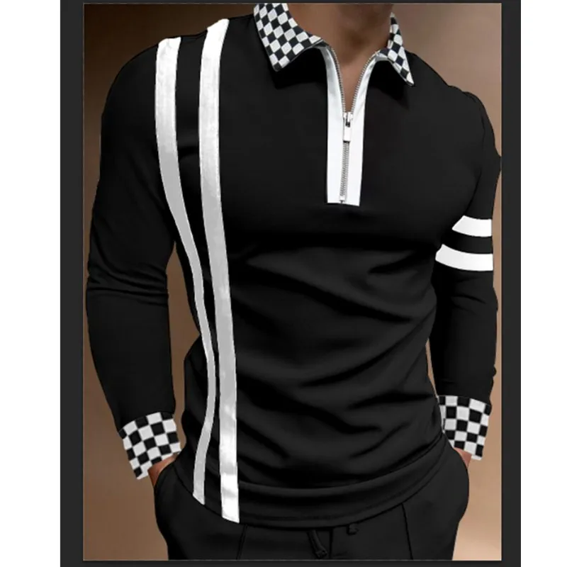

Fashion Vintage Patchwork Striped Long Sleeve Tops Male Casual Zip-up Turn-down Collar Polo Shirts Casual Men's Slim Polo Shirt
