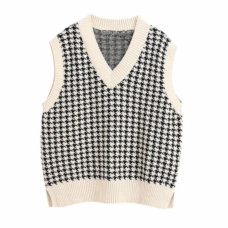 flocking england vintage plaid houndstooth sleeveless v-neck loose vest sweaters women pull femme pullovers tops | Женская одежда