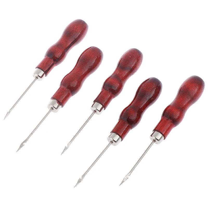 

5Pcs Red Wooden Handle Sewing Awl Hand Stitcher Leather Craft Tip Shoe Repair Puncher Positioning Double Hoist Awl With Hook