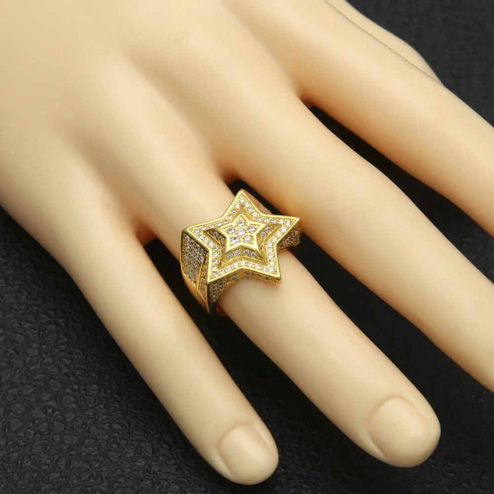 

Men's Hip Hop Ice Cube Zircon Glitter Five-Pointed Star Ring Three-Dimensional Design Stainless Steel personality Jewelry Ring