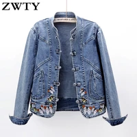 zwty vintage women jacket 2021 autumn winter denim jackets washed blue jeans coat turn down collar outwear embroidery jacket