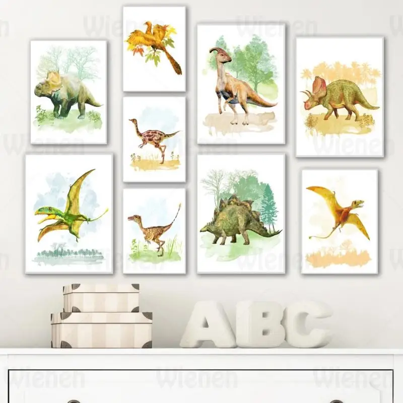 

Watercolor Dinosaur Stegosaurus Triceratops Colorful Wall Art Nordic Canvas Painting Poster And Print Home Decor Kids Room Decor