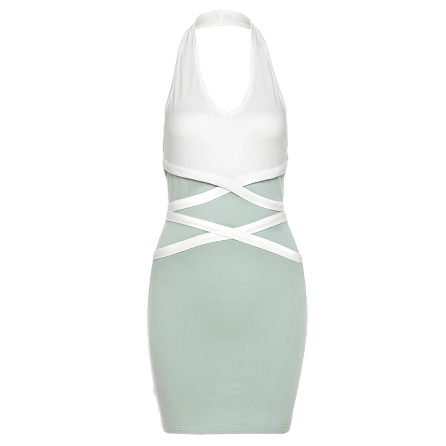 

Sylcue Summer french temperament sweet hot wind tea break girl Patchwork tie waist hanging neck girdle skirt dress female