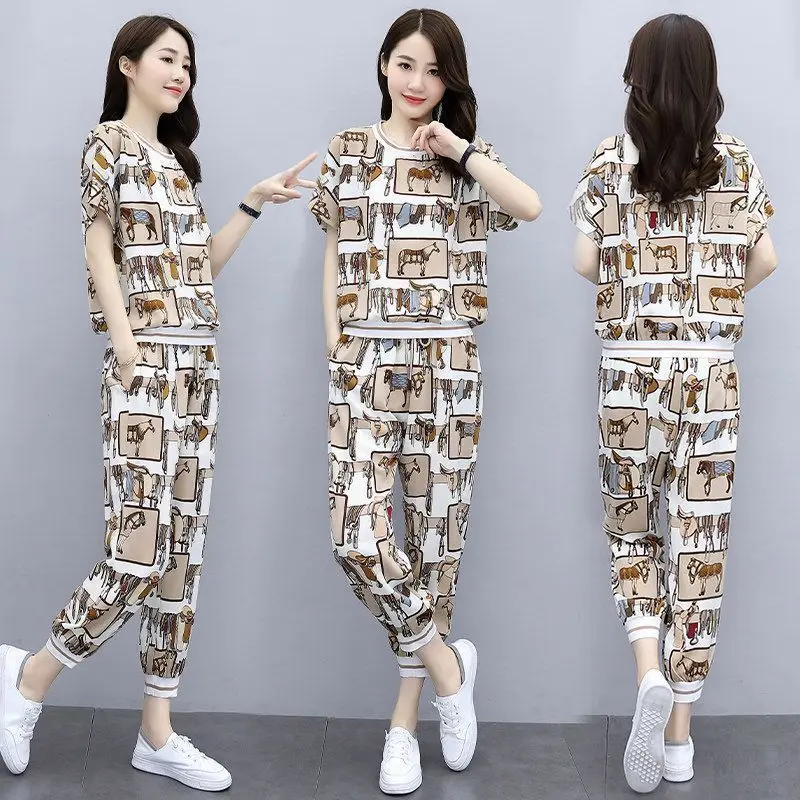 

2021 New Set Korean Sports And Leisure Two-Piece Women's Summer Temperament Tops Fashion Thin Belt Casual Pants Suit Female A314