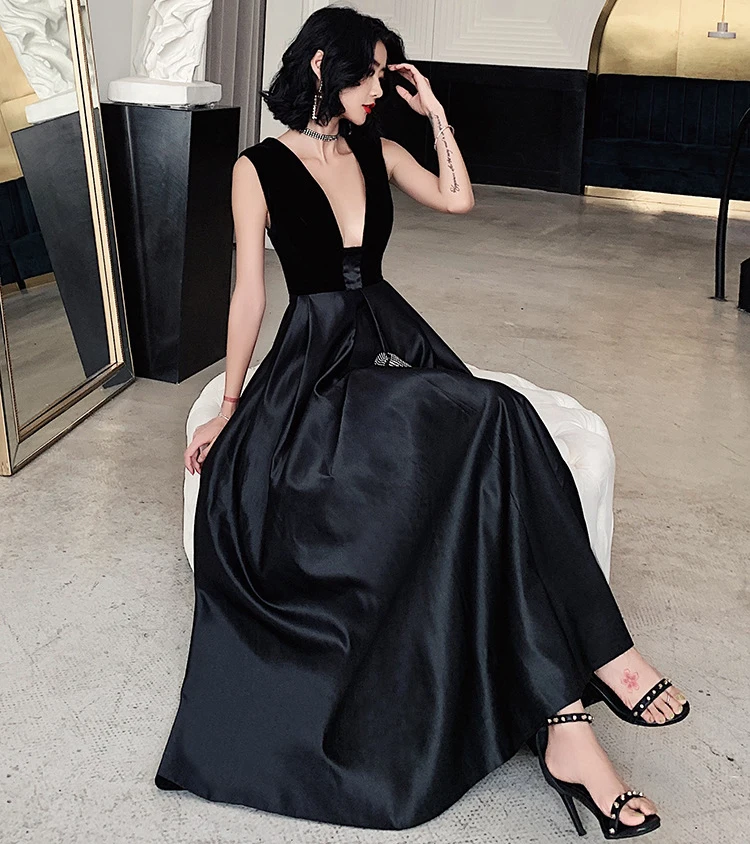 

Black V-Neck Floor-Length Wedding Party Dress Women Elegant Banquet Long Qipao Female Slim Prom Cheongsam Gowns Vestido S-XXL