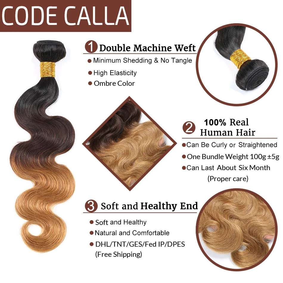 Код Calla Ombre цвет тела волна Связки с 4*4 Кружева Закрытие Необработанные бразильские необработанные девственные человеческие волосы Weft расширение