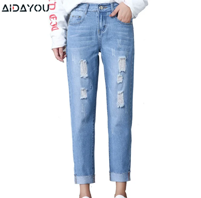 Женские рваные джинсы винтажные узкие брюки джинсовые эластичные размера плюс
